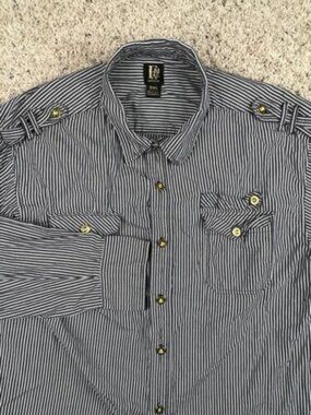 FAME Long Sleeve Button Up Shirt Sz 2XL Gray White Striped Men’s Cotton Gold